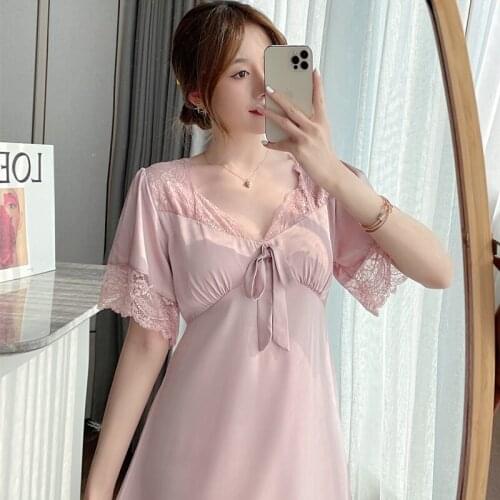 New Summer Sexy Nightdress With Chest Pad Ice Silk Nightdress Womens Home Service Long Lovely Sweet Pajamas