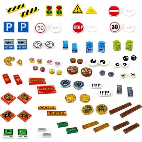MOC Printed Tile ToyCompatible Brick Accessories Building Blocks City PC Phone Clock Pizza Parts Bricks Children Kids