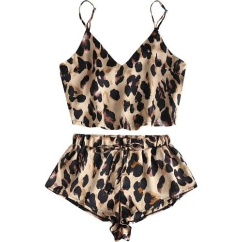 Pajamas Sets New 2pcs Women Sexy Spaghetti Strap Tank Shorts Leopard Print Lace Sleepwear Babydoll Nightwear