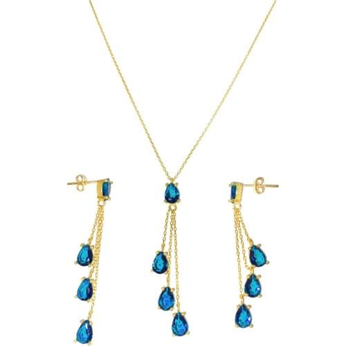 Blue Sapphire Cz Tassels Authentic 925 Sterling Silver Chain Dual Set Jewelry