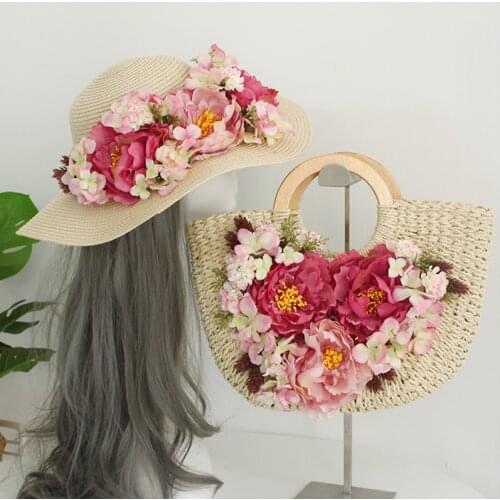 Flowers Handmade Straw Beach Bag Round Wood Handle Handbag for Women Larger Capacity Rattan Totes Casual Woven Bag 2021 NEW