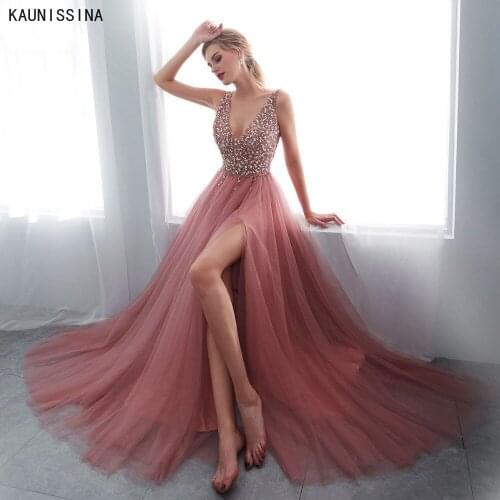 Beading Evening Dress Deep V-Neck High Split Tulle Sweep Train Sleeveless Prom Gown A-line Backless Vestidos de fiesta
