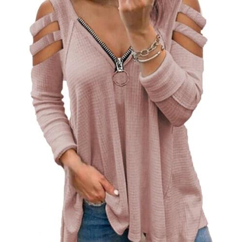 50%HOT Blouse Long Sleeve Loose Cotton Blend Women Hollow Out Cold Shoulder T-shirt Top for Spring