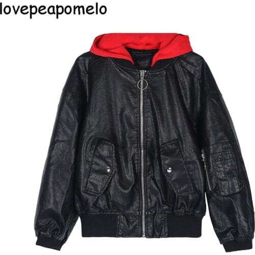 2018 Spring New Fashion Loose Large Size Female PU Hooded Jacket Womens Self-Cultivation Big Size Motorcycle Jacket D172