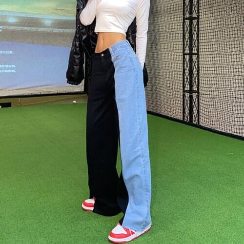 High Waist Denim Pants Women Harajuku Blue And Black Patchwork Jeans Female Streetwear Wide Leg Pantalon Korean Vogue Outfit