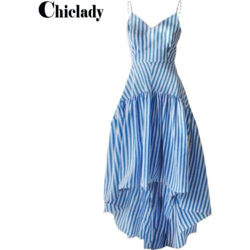 CHICLADY runway designer spaghtti strap striped blue asymmetrical maxi dress for women party de femme ropa mujer dresses vestido