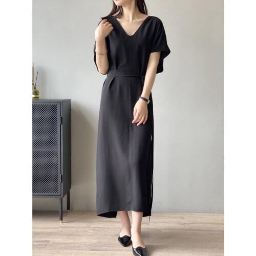 V-neck Dress for Women 2021 Summer New Elegant Loose Drooping Lace-up Long Dress