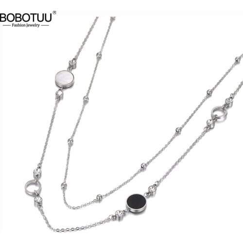 BOBOTUU Bohemia Stainless Steel Double-layer Choker Necklace Acrylic Shell Charm Pendant Chain & Link Jewelry For Women BN20053