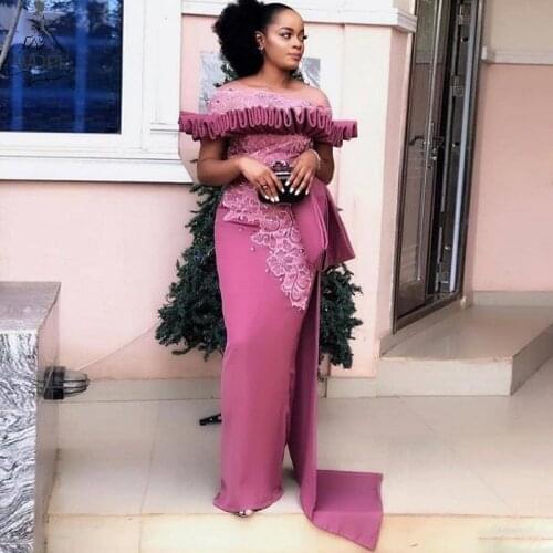 Nigerian Mermaid Evening Dress 2019 Fashion Ruffled Lace Prom Dresses with Sweep Tail Special Occasion Gowns Abendkleider Custom