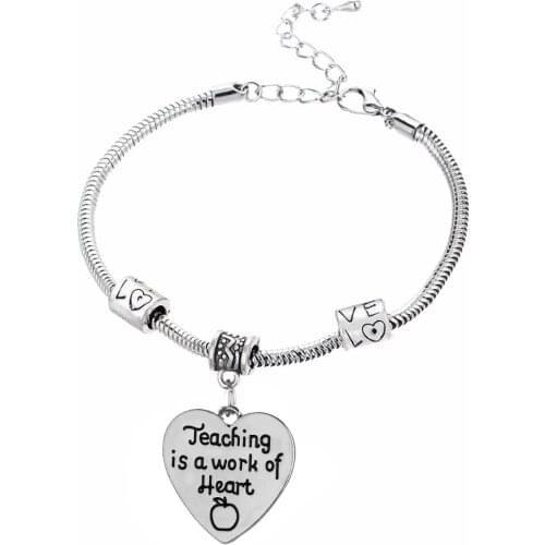12PC Teaching Is A Work Of Heart Charm Heart Pendant Bracelets Love Bead Chain Bangles Thank You Teacher Teachers Day Gifts Hot
