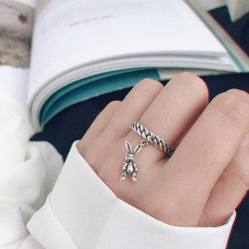 925 Sterling Silver Retro Rabbit Tassel Thai Silver Ring Cute Animal Ring For Women Jewelry Gifts S-R738