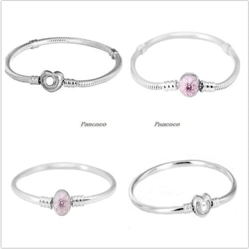 Authentic 925 Sterling Silver Bracelet Wishful Heart With Crystal Snake Chain Bangle Fit Bead Charm Diy Pandora Jewelry
