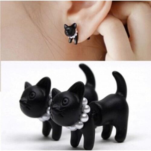 Black Stereoscopic 3D Cute Cat Stud Handmade Earrings for Women Lovely Pearl Piercing Ear Studs Kitty Impalement