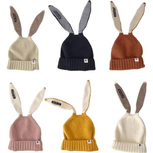 Women Girls Knit Stretch Beanie Hat Cute Long Rabbit Ears Letters Warm Skull Cap