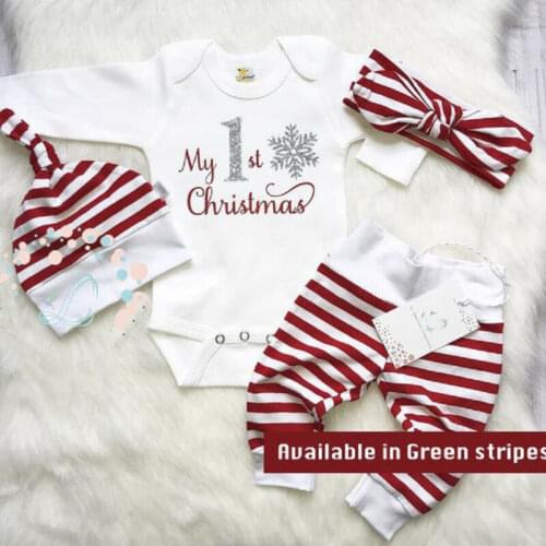 4PCS Lovely Baby Girls Cotton Clothes Sets Letter Printed Rompers Striped Pants Caps Xmas Newborn Baby Girl Christmas Outfit