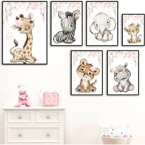 Giraffe Elephant Lion Zebra Hippo Wreath Wall Art Canvas Painting Nordic Posters And Prints Wall Pictures Baby Kids Room Decor