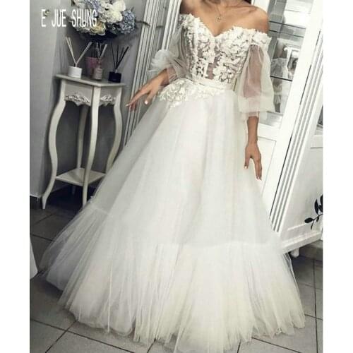 E JUE SHUNG New Elegant Boho Wedding Dresses Off The Shoulder 3/4 Sleeves Lace Appiques Wedding Gowns A Line Bridal Dresses