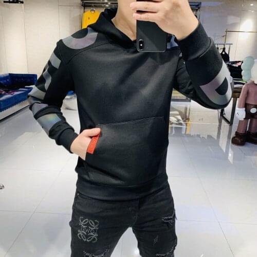 2020 autumn new letter printing trend slim korean hooded sweater men plus velvet