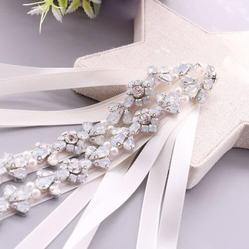 OLOMLB crystal wedding belt pearl bridal rhinestone sash for bridal accessories silver applique