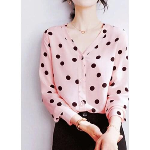 Chiffon top womens 2020 spring and autumn new light pink polka dot long-sleeved shirt loose v-neck casual top shirt