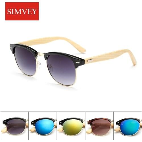 Simvey Classic Retro Rivet Wooden Bamboo Sunglasses Vintage Brand Designer Half Frame Mirror Sun Glasses Gafas Oculos De Sol
