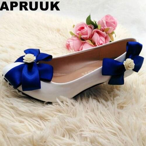 Blue satin bowtie wedding shoes bride handmade plus sizes low high heels drop shipping butterfly-knot womens bridal shoes