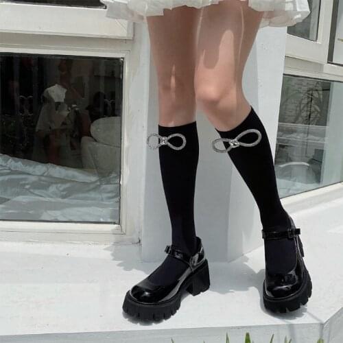 Women Summer Silky Knee High Socks Sweet Shiny Crystal Rhinestone Bowknot Japanese Lolita Kawaii Student Stockings
