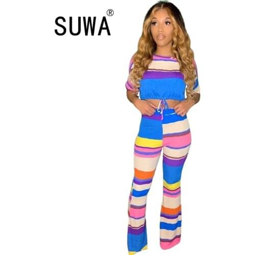 Contrast Striped Patchwork Track Suit Two Piece Outfits Women Matching Sets Casual T-Shirt Top And Harem Pants Wholesale 2021