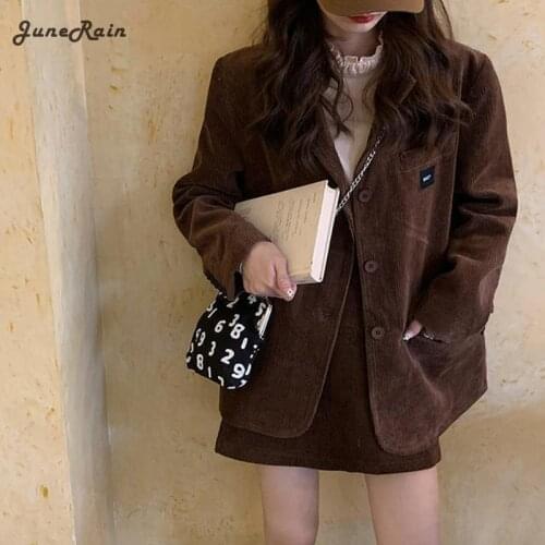 JuneRain Women Sets Corduroy Simple Fashion Loose Blazer+ Female High Waist Mini Skirts Suits Ins Chic Elegant Retro Casual Soft