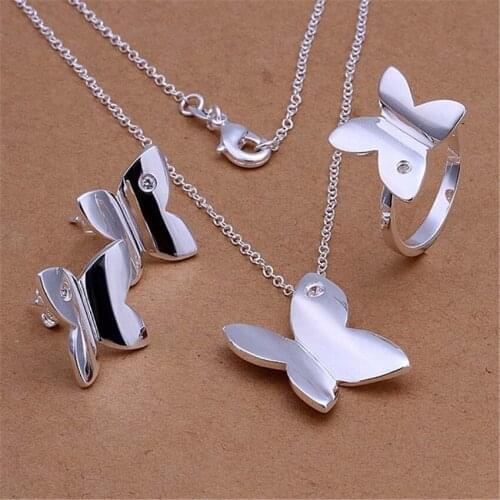 Hot 925 sterling Silver Crystal butterfly pendant necklace earrings ring Jewelry sets for women charm Fashion Party wedding Gift