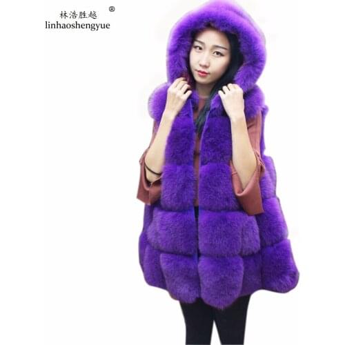 Linhaoshengyue 75cm Fox Natural Fur Women Vest with Hood