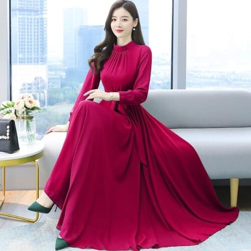 4XL Plus Size Beach Boho Midi Burgundy Dress for Women New Summer Vintage Long-sleeve O-neck Chiffon High Waist Dresses Vestidos