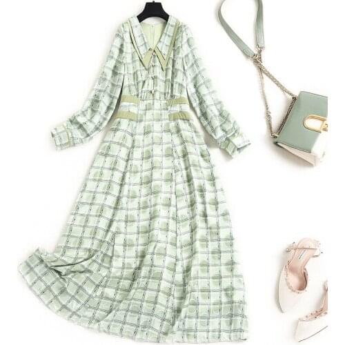 Women Girls Cute Peter Pan Collar Chiffon Long Sleeve Dress New 2021 Spring Summer Dots Plaid A-line Elegant Dresses Green