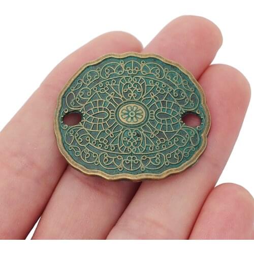5 x Green Verdigris Patina Metal Oval Disc Connectors Charms Pendants for DIY Bracelet Jewelry Making Findings 39x34mm