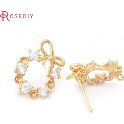 38824)6PCS 16.5x13.5MM 24K Gold Color Brass and Zircon with Bow Circle Stud Earrings Pins Earrings Jewelry Making Supplies