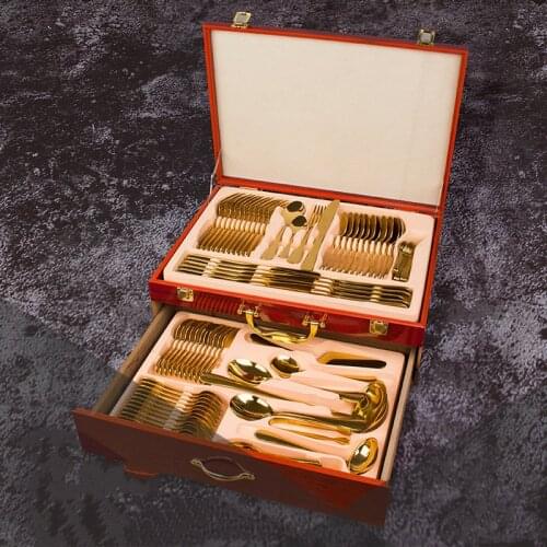 84pcs/set Luxury Golden Stainless steak Steel Knife Fork Spoon Set in Luxury Wood Gift Box High-grade western tableware