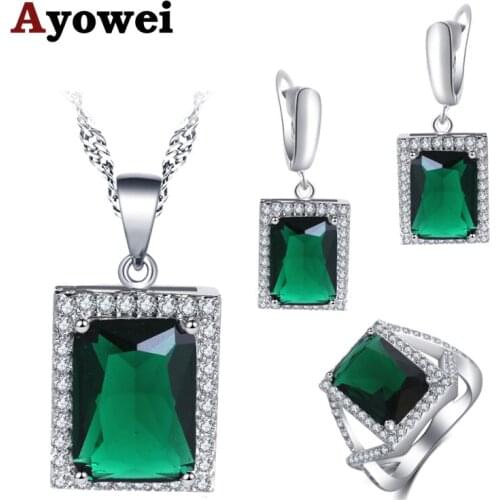 Ayowei Square Design Party Gift for best friend Green Zircon 925 Silver Earring Necklace Ring Jewelry Set JS754A