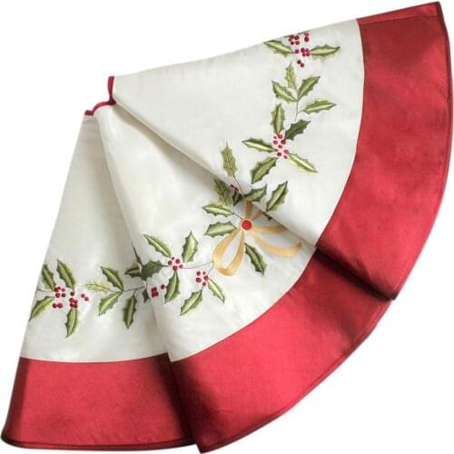 White Faux Silk Holly Leaves Embroidery Christmas tree skirt with red Border Decoration 50"