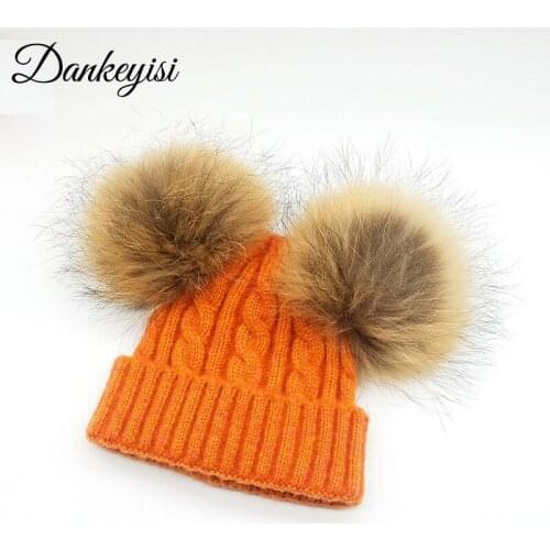 DANKEYISI Cute Winter Women Hat Mink Fur Caps Children Girl Boy Fur Bobble Ball Pompom Beanies Hat Baby Kids Crochet Knitted Hat