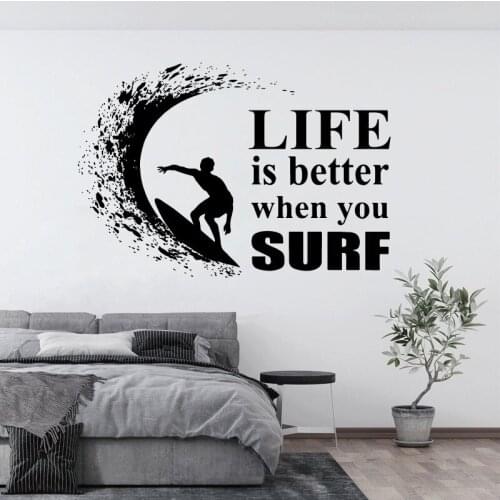 Slogan Surf Wall Sticker Ocean Surfboard Seaside Travel Holiday House Home Door Window Decoration Vinyl Decal Gift YD18