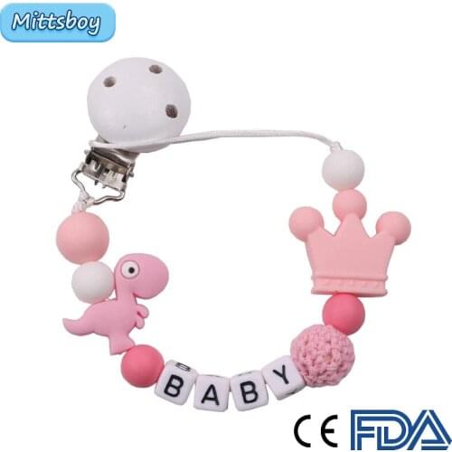 Hot Silicone Round Bead Cartoon Dinosaur Pacifier Clip Chain Strap Cute Dummy Nipple Leash Strap Infant Toddler Newborns Feeding