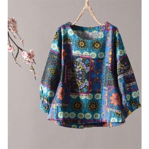 Gothic Vintage Women Tops Plus size 3/4 Puff Sleeve Loose Blouse O neck Ethnic Print Cotton Tees Ladies Clothes