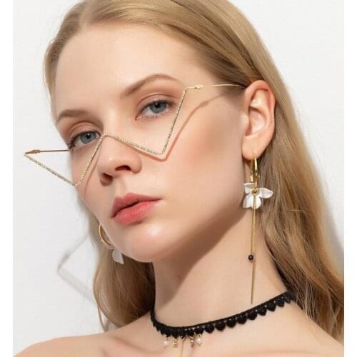Personality pieceless metal-encrusted diamond glasses female tide half-frame street shot V-shaped decorative frame mens