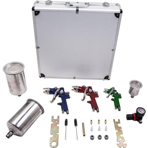 3x HVLP Aluminum Air Spray Gun Kit Auto Paint Car Primer Detail Basecoat W/ Case