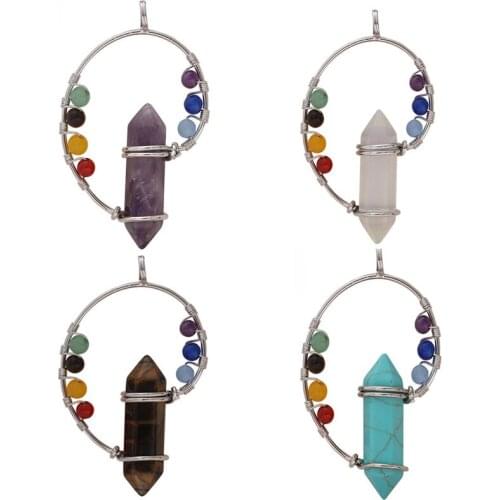 Multicolor Gemstones Pendant Hexagonal Healing Crystal Pointed Quartz Pendants Charms Wrapped Version Silvertone