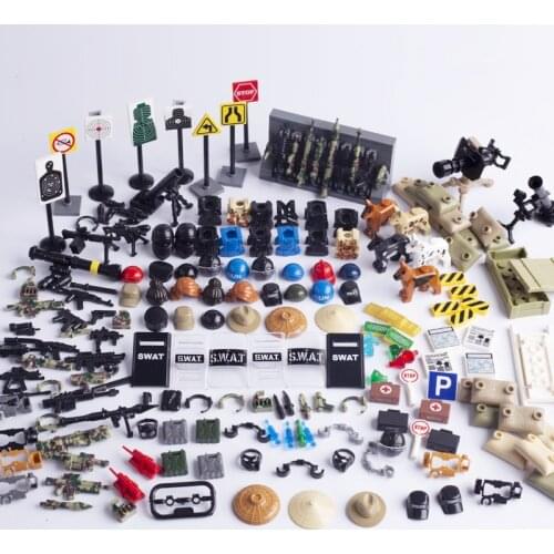 MOC Modern Military Weapon Building Block SWAT Helmet Gun Police Dog Mortar Sandbag Road Sign Shield Parts DIY Toy Set Gift W275