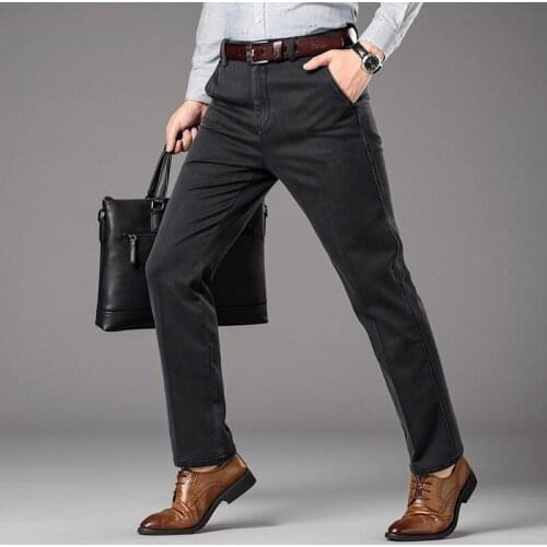 Business Casual High Waist Jeans Men Plus Size Autumn Winter Loose Fit Straight Denim Trousers 2021 New Stretch Zipper Jeans