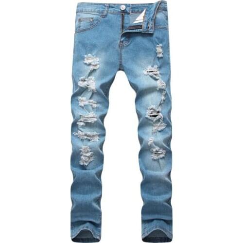 Mens Straight Hole Destruction Trousers Spring Fashion Holes Male Designer Brand Blue Jeans Denim Pants pantalon homme 2020