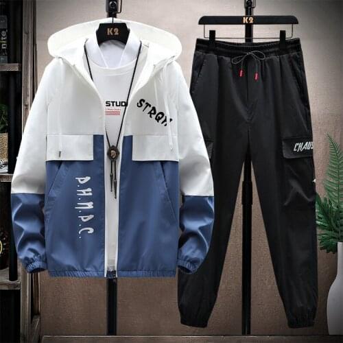 2021 Autumn New Men Casual Hoodies Sets Male Jackets+Pants Two Piece Sets Hip Hop Street Wear Sports Suit Patchwork