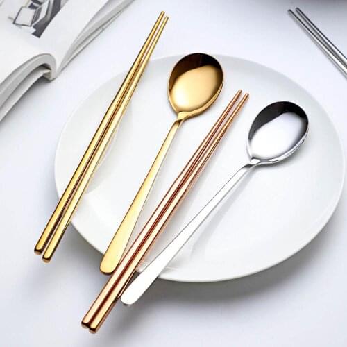 Travel Portable Stainless Steel Food Chopsticks Spoon Set Long Handle Flat Non-slip Chopsticks Dessert Spoons Dinnerware Set